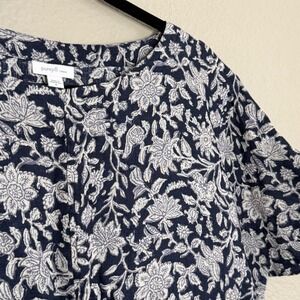Pure Jill Medium Linen Navy Floral Print Top Oversized Lagenlook Artsy Coastal